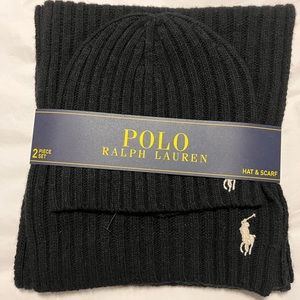 POLO men’s black knit hat and 68 inch scarf set NWT and packaging